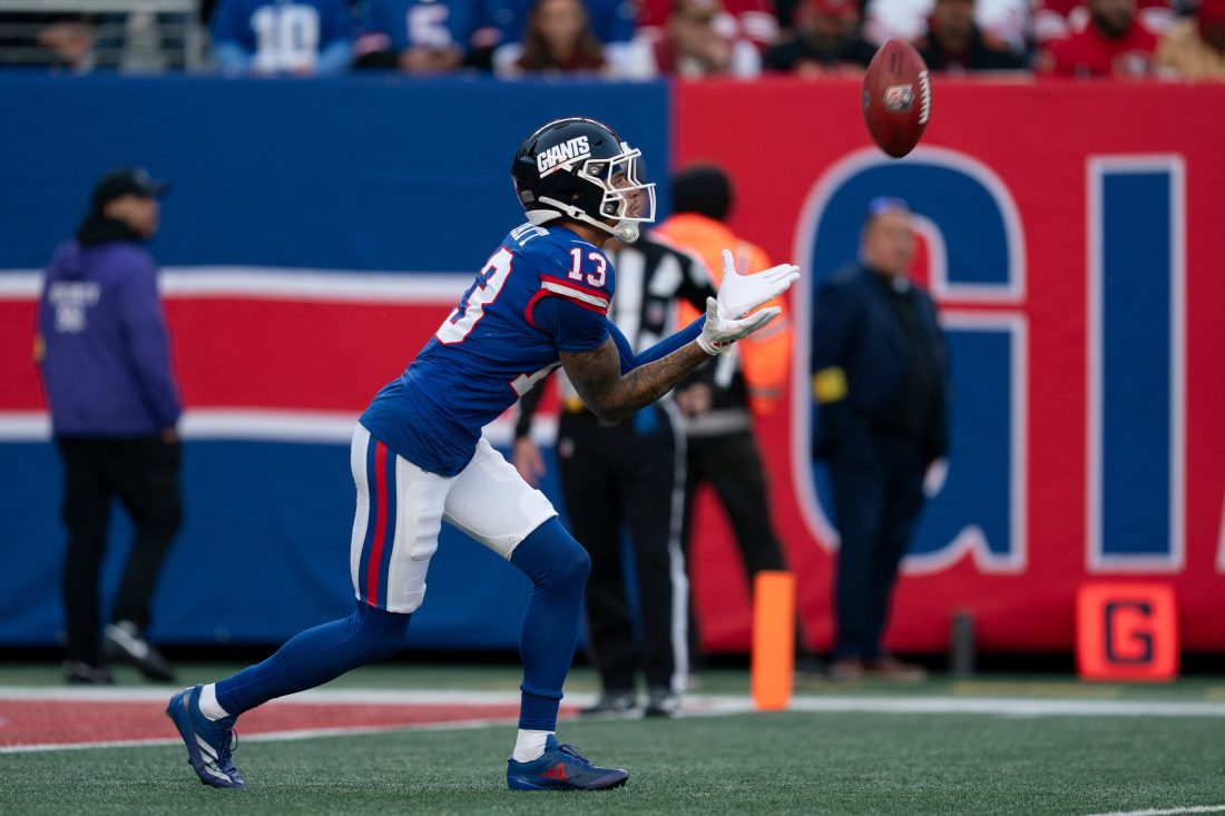 New York Giants wide receiver Jaylin Hyatt (13) catches a kickoff during a week 9 game between New York Giants and San Francisco 49ers at MetLife Stadium on Sunday, Nov. 2, 2025.