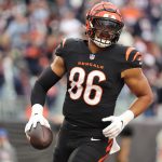 Nov 2, 2025; Cincinnati, Ohio, USA; Cincinnati Bengals tight end Noah Fant (86) reacts after catching a 23-yard touchdown pass thrown by Joe Flacco (not pictured) against the Chicago Bears during the fourth quarter at Paycor Stadium. Mandatory Credit: Joseph Maiorana-Imagn Images