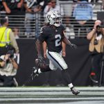 Nov 2, 2025; Paradise, Nevada, USA; Las Vegas Raiders running back Ashton Jeanty (2) celebrates after scoring a touchdown during the second half against the Jacksonville Jaguars at Allegiant Stadium. Mandatory Credit: Kirby Lee-Imagn Images