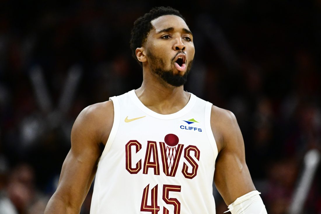 Nov 2, 2025; Cleveland, Ohio, USA; Cleveland Cavaliers guard Donovan Mitchell (45) reacts against the Atlanta Hawks during the second half at Rocket Arena. Mandatory Credit: Ken Blaze-Imagn Images