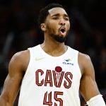 Nov 2, 2025; Cleveland, Ohio, USA; Cleveland Cavaliers guard Donovan Mitchell (45) reacts against the Atlanta Hawks during the second half at Rocket Arena. Mandatory Credit: Ken Blaze-Imagn Images