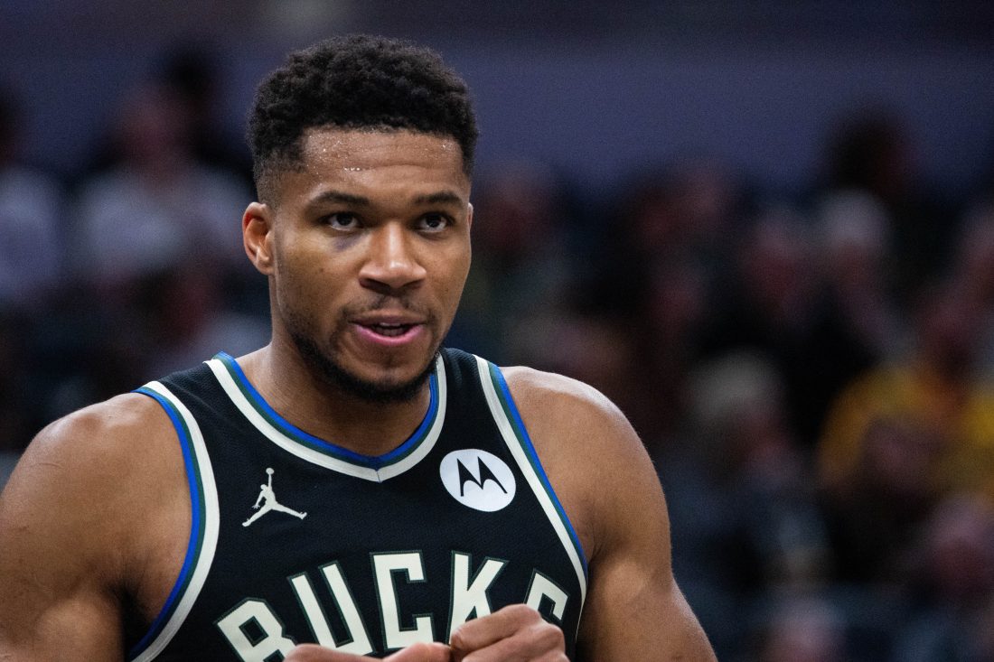 Nov 3, 2025; Indianapolis, Indiana, USA; Milwaukee Bucks forward Giannis Antetokounmpo (34) in the first half against the Indiana Pacers at Gainbridge Fieldhouse.