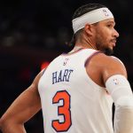 Nov 3, 2025; New York, New York, USA; New York Knicks guard Josh Hart (3) looks on during the second half against the Washington Wizards at Madison Square Garden.