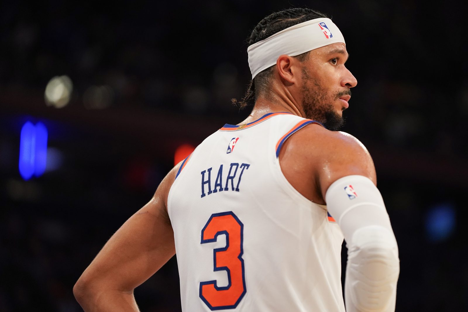Nov 3, 2025; New York, New York, USA; New York Knicks guard Josh Hart (3) looks on during the second half against the Washington Wizards at Madison Square Garden.