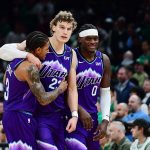 Nov 3, 2025; Boston, Massachusetts, USA; Utah Jazz guard Keyonte George (3), forward Lauri Markkanen (23), and forward Taylor Hendricks (0) react during the second half against the Boston Celtics at TD Garden. Mandatory Credit: Bob DeChiara-Imagn Images