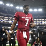 Nov 3, 2025; Arlington, Texas, USA; Arizona Cardinals quarterback Jacoby Brissett (7) leaves the field after defeating the Dallas Cowboys at AT&T Stadium.