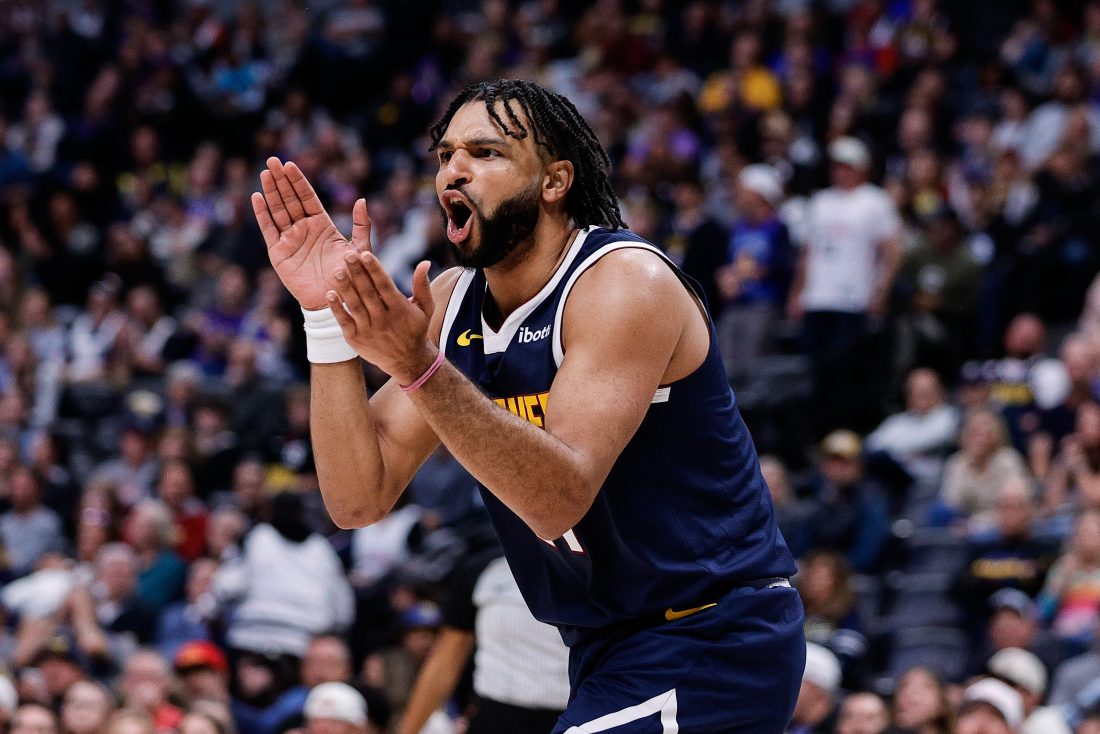 Nov 3, 2025; Denver, Colorado, USA; Denver Nuggets guard Jamal Murray (27) reacts after a call in the fourth quarter against the Sacramento Kings at Ball Arena. Mandatory Credit: Isaiah J. Downing-Imagn Images
