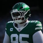 New York Jets defensive lineman Quinnen Williams (95) warms up before a game against the Carolina Panthers at MetLife Stadium, Oct 19, 2025, East Rutherford, NJ, USA.