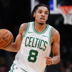 Nov 5, 2025; Boston, Massachusetts, USA; Boston Celtics forward Josh Minott (8) returns the ball against the Washington Wizards in the second half at TD Garden. Mandatory Credit: David Butler II-Imagn Images
