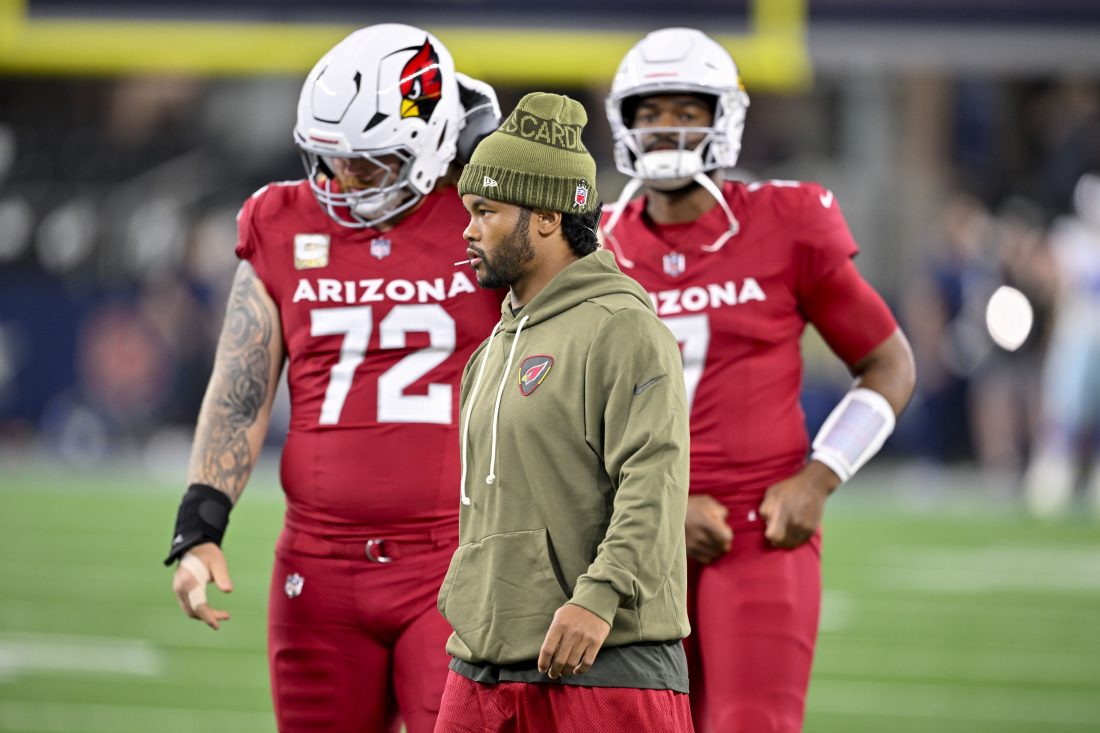 Nov 3, 2025; Arlington, Texas, USA; Arizona Cardinals quarterback Kyler Murray (1) walks on the field before the game between the Dallas Cowboys and the Arizona Cardinals at AT&T Stadium. Mandatory Credit: Jerome Miron-Imagn Images