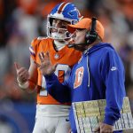 Nov 6, 2025; Denver, Colorado, USA; Denver Broncos head coach Sean Payton talks with quarterback Bo Nix (10) during the second half at Empower Field at Mile High. Mandatory Credit: Isaiah J. Downing-Imagn Images