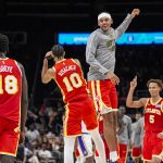 Nov 8, 2025; Atlanta, Georgia, USA; Atlanta Hawks forward Zaccharie Risacher (10) and forward Asa Newell (14) react after a play against the Los Angeles Lakers during the second half at State Farm Arena. Mandatory Credit: Dale Zanine-Imagn Images