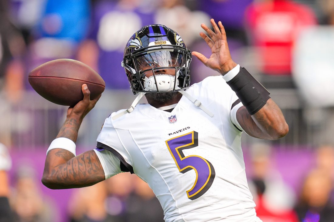 Baltimore Ravens quarterback Tyler Huntley (5) warms up before the game against the Minnesota Vikings at U.S. Bank Stadium. Mandatory Credit: Brad Rempel-Imagn Images