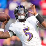 Baltimore Ravens quarterback Tyler Huntley (5) warms up before the game against the Minnesota Vikings at U.S. Bank Stadium. Mandatory Credit: Brad Rempel-Imagn Images