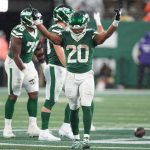 Nov 9, 2025; East Rutherford, New Jersey, USA; New York Jets running back Breece Hall (20) celebrates during the fourth quarter against the Cleveland Browns at MetLife Stadium. Mandatory Credit: Vincent Carchietta-Imagn Images