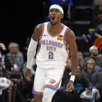 Nov 9, 2025; Memphis, Tennessee, USA; Oklahoma City Thunder guard Shai Gilgeous-Alexander (2) reacts after a three point basket during the fourth quarter against the Memphis Grizzlies at FedExForum.