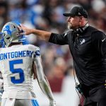 Detroit Lions head coach Dan Campbell celebrates a two point conversion against Washington Commanders scored by running back David Montgomery (5) during the first half at Northwest Stadium in Landover, Md. on Sunday, November 9, 2025.