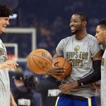 Nov 9, 2025; San Francisco, California, USA; Golden State Warriors players Gui Santos (from left), Jonathan Kuminga and Will Richard warm up before facing the Indiana Pacers at Chase Center. Mandatory Credit: D. Ross Cameron-Imagn Images