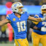 Nov 9, 2025; Inglewood, California, USA; Los Angeles Chargers quarterback Justin Herbert (10) passes the ball against the Pittsburgh Steelers during the fourth quarter of the game at SoFi Stadium.