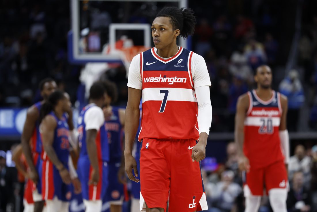 Nov 10, 2025; Detroit, Michigan, USA; Washington Wizards guard Bub Carrington (7) reacts after the game against the Detroit Pistons at Little Caesars Arena. Mandatory Credit: Rick Osentoski-Imagn Images