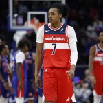 Nov 10, 2025; Detroit, Michigan, USA; Washington Wizards guard Bub Carrington (7) reacts after the game against the Detroit Pistons at Little Caesars Arena. Mandatory Credit: Rick Osentoski-Imagn Images