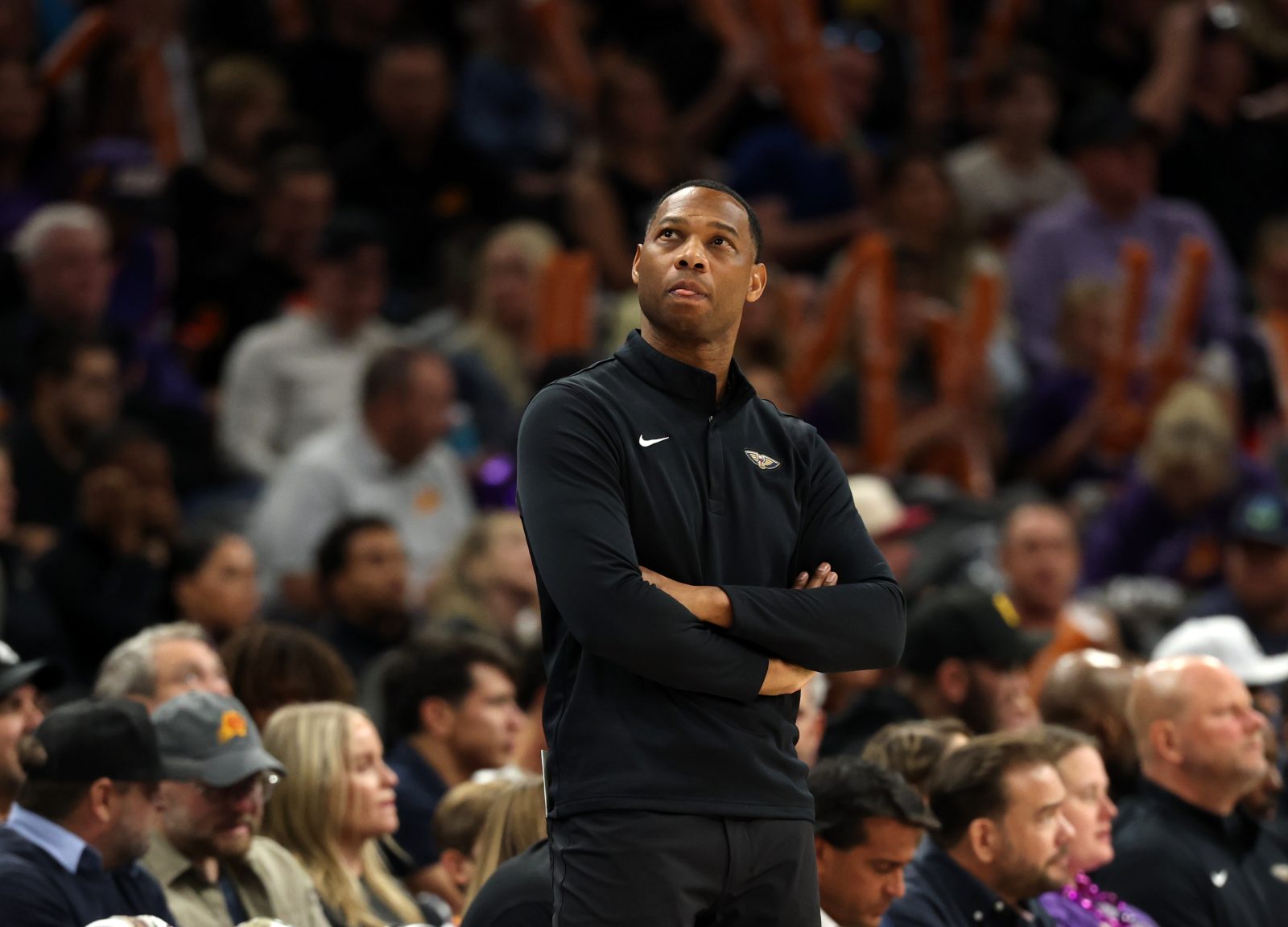 Nov 10, 2025; Phoenix, Arizona, USA; New Orleans Pelicans head coach Willie Green reacts against the Phoenix Suns in the second half at the Mortgage Matchup Center. Mandatory Credit: Mark J. Rebilas-Imagn Images