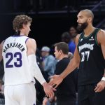 Nov 10, 2025; Salt Lake City, Utah, USA; Utah Jazz forward Lauri Markkanen (23) and Minnesota Timberwolves center Rudy Gobert (27) shake hands after the game at Delta Center. Mandatory Credit: Rob Gray-Imagn Images
