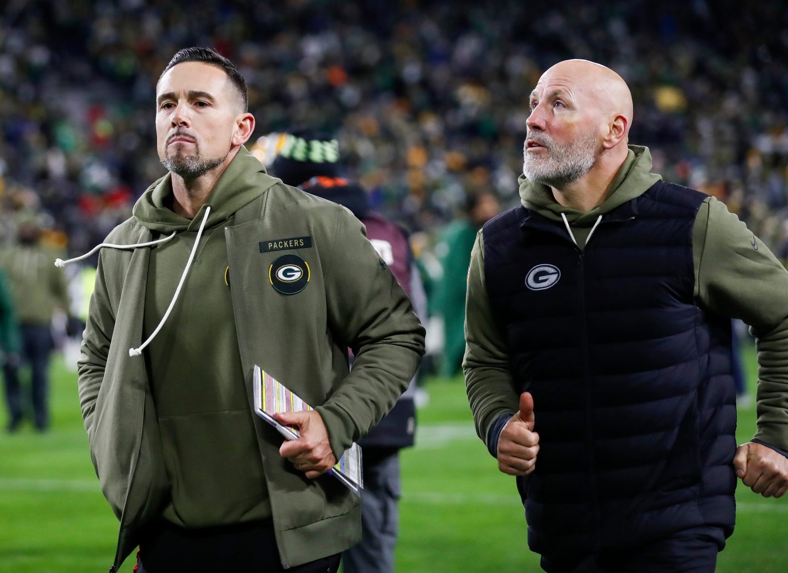 Green Bay Packers head coach Matt LaFleur jogs off the field after losing to the Philadelphia Eagles on Monday, November 10, 2025, at Lambeau Field in Green Bay, Wis. The Eagles won the game, 10-7.