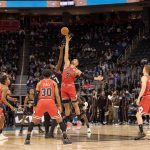Nov 12, 2025; Detroit, Michigan, USA; Detroit Pistons forward Paul Reed (7) starts the game with a jump ball against Chicago Bulls center Nikola Vucevic (9) during the first quarter at Little Caesars Arena.