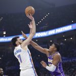 Nov 12, 2025; Oklahoma City, Oklahoma, USA; Oklahoma City Thunder center Chet Holmgren (7) shoots over Los Angeles Lakers forward Rui Hachimura (28) during the second quarter at Paycom Center. Mandatory Credit: Alonzo Adams-Imagn Images