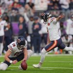 Nov 16, 2025; Minneapolis, Minnesota, USA; Chicago Bears kicker Cairo Santos (8) kicks a game-winning field goal against the Minnesota Vikings during the fourth quarter at U.S. Bank Stadium.