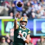 Green Bay Packers quarterback Jordan Love (10) throws the ball during a game against the New York Giants at MetLife Stadium, Nov 16, 2025, East Rutherford, NJ, USA.