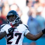 Houston running back Woody Marks (27) signals a first down to allow the Texans to run out the clock and kick a game-winning field goal to beat the Tennessee Titans 16-13 during their game at Nissan Stadium in Nashville, Tenn., Sunday, Nov. 16, 2025