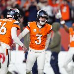 Nov 16, 2025; Denver, Colorado, USA; Denver Broncos kicker Wil Lutz (3) celebrates his game winning filed goal in the fourth quarter against the Kansas City Chiefs at Empower Field at Mile High. Mandatory Credit: Ron Chenoy-Imagn Images