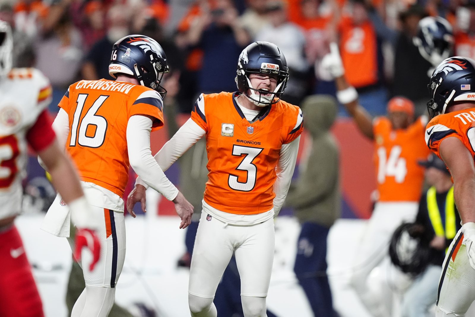 Nov 16, 2025; Denver, Colorado, USA; Denver Broncos kicker Wil Lutz (3) celebrates his game winning filed goal in the fourth quarter against the Kansas City Chiefs at Empower Field at Mile High. Mandatory Credit: Ron Chenoy-Imagn Images