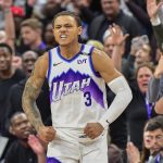 Nov 16, 2025; Salt Lake City, Utah, USA; Utah Jazz guard Keyonte George (3) reacts to his game winning shot during double overtime against the Chicago Bulls at Delta Center.