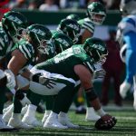 New York Jets center Josh Myers (71) holds the ball before a play against the Carolina Panthers at MetLife Stadium, Oct 19, 2025, East Rutherford, NJ, USA.