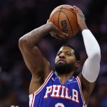 Nov 17, 2025; Philadelphia, Pennsylvania, USA; Philadelphia 76ers forward Paul George (8) shoots the ball against the LA Clippers during the first quarter at Xfinity Mobile Arena. Mandatory Credit: Bill Streicher-Imagn Images
