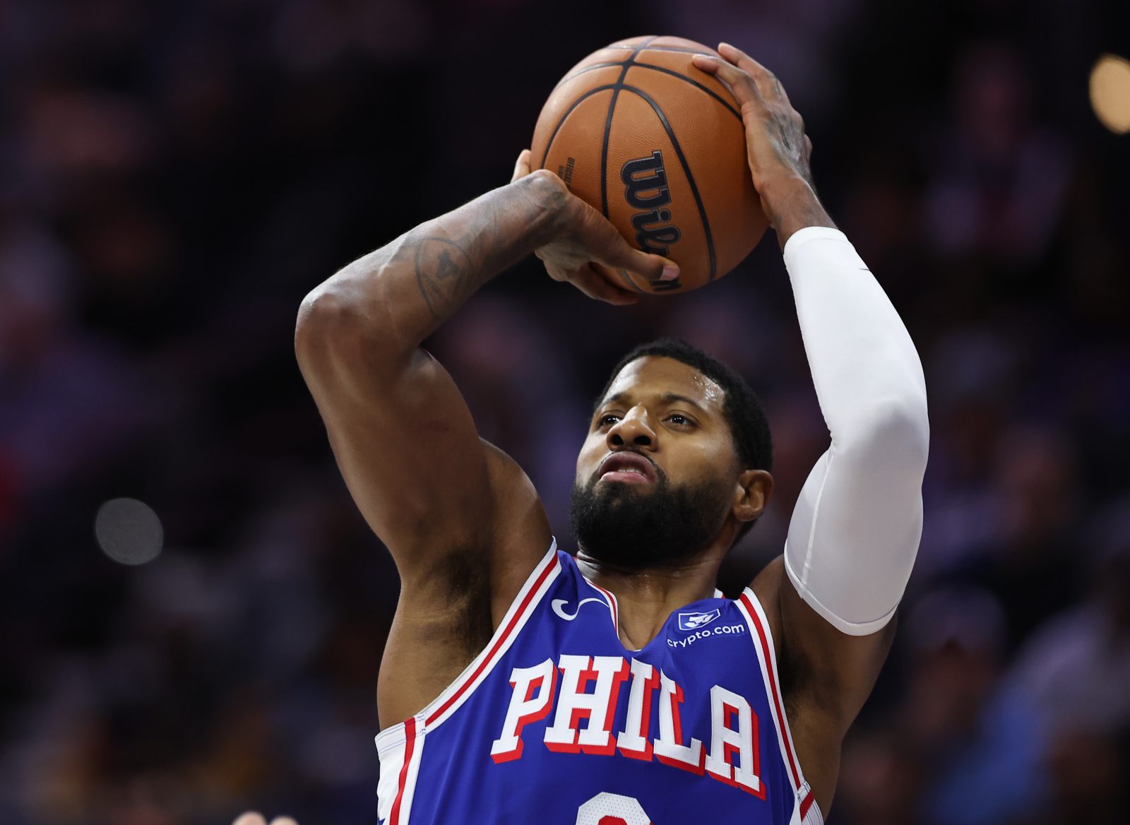 Nov 17, 2025; Philadelphia, Pennsylvania, USA; Philadelphia 76ers forward Paul George (8) shoots the ball against the LA Clippers during the first quarter at Xfinity Mobile Arena. Mandatory Credit: Bill Streicher-Imagn Images