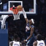 Nov 19, 2025; Oklahoma City, Oklahoma, USA; Oklahoma City Thunder guard Shai Gilgeous-Alexander (2) dunks against the Sacramento Kings during the second quarter at Paycom Center.