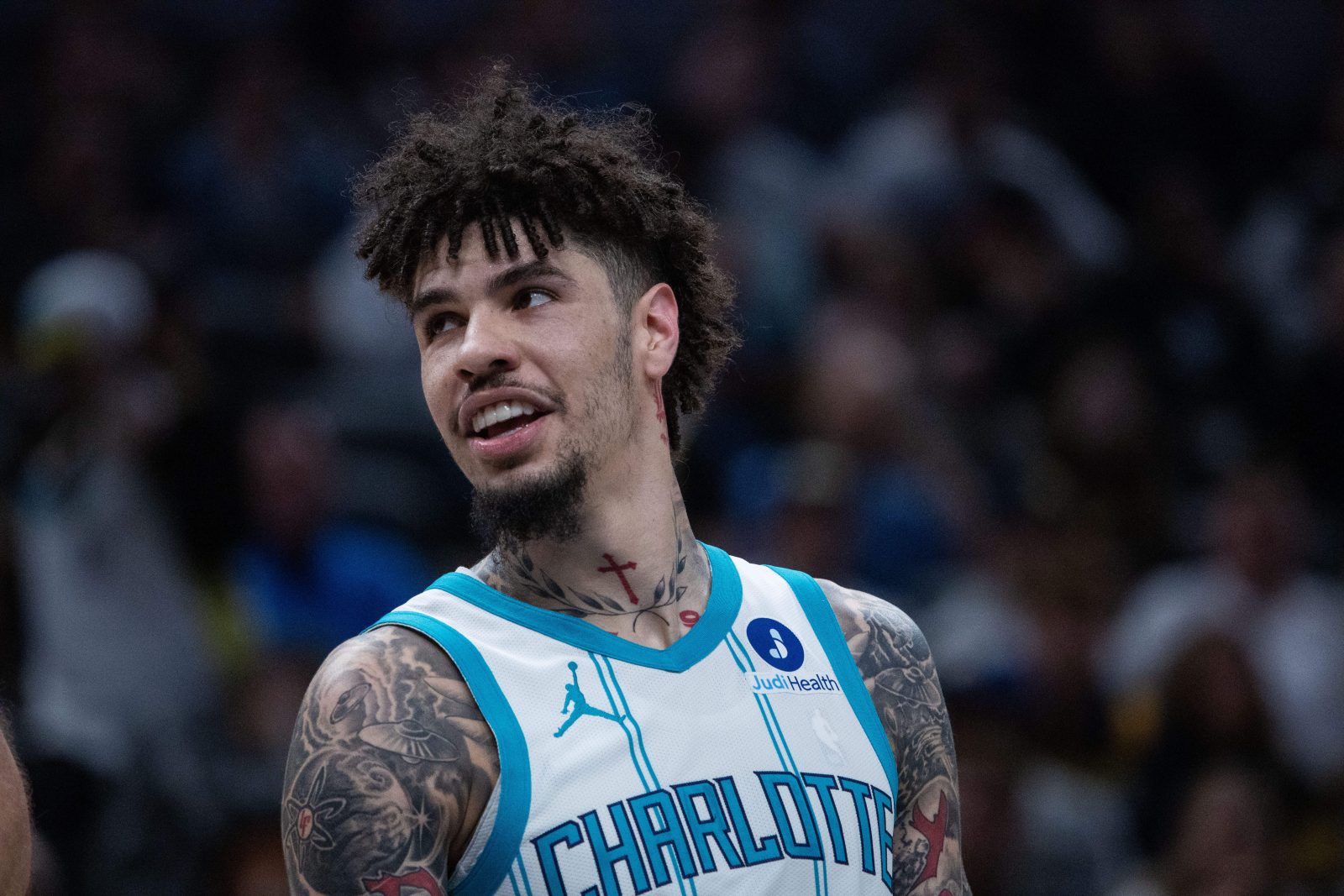 Nov 19, 2025; Indianapolis, Indiana, USA; Charlotte Hornets guard LaMelo Ball (1) looks on in the first half against the Indiana Pacers at Gainbridge Fieldhouse.