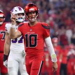 Nov 20, 2025; Houston, Texas, USA; Houston Texans quarterback Davis Mills (10) celebrates after a touchdown against the Buffalo Bills in the second quarter at NRG Stadium.