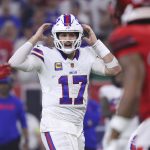 Nov 20, 2025; Houston, Texas, USA; Buffalo Bills quarterback Josh Allen (17) signals at the line of scrimmage during the second half against the Houston Texans at NRG Stadium.