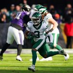 Nov 23, 2025; Baltimore, Maryland, USA; New York Jets wide reciever John Metchie III (3) rushes during the second quarter against the Baltimore Ravens at M&T Bank Stadium.