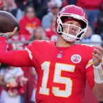 Nov 23, 2025; Kansas City, Missouri, USA; Kansas City Chiefs quarterback Patrick Mahomes (15) throws a pass against the Indianapolis Colts in the second half at GEHA Field at Arrowhead Stadium.