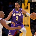 Nov 25, 2025; Los Angeles, California, USA; Los Angeles Lakers guard Gabe Vincent (7) defends a pass by Los Angeles Clippers guard Chris Paul (3) in the first half at Crypto.com Arena. Mandatory Credit: Jayne Kamin-Oncea-Imagn Images
