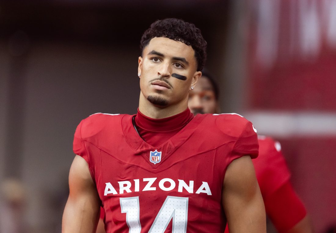 Nov 23, 2025; Glendale, Arizona, USA; Arizona Cardinals wide receiver Michael Wilson (14) against the Jacksonville Jaguars at State Farm Stadium.