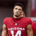 Nov 23, 2025; Glendale, Arizona, USA; Arizona Cardinals wide receiver Michael Wilson (14) against the Jacksonville Jaguars at State Farm Stadium.
