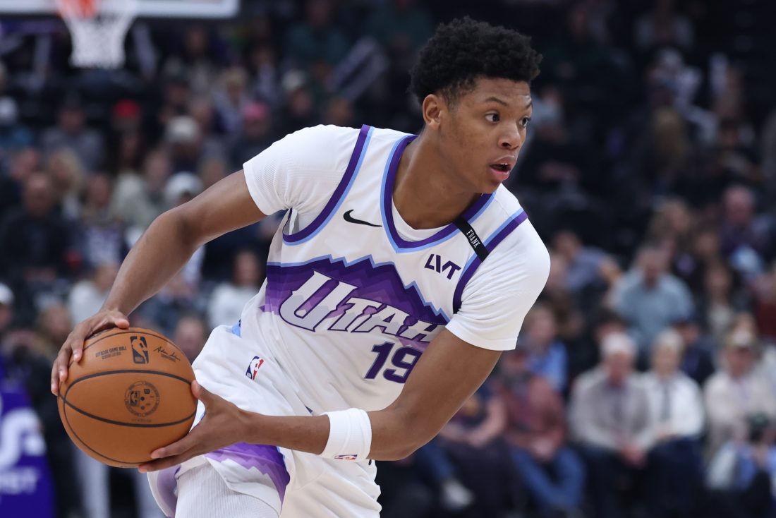 Nov 30, 2025; Salt Lake City, Utah, USA; Utah Jazz guard Ace Bailey (19) looks for the play against the Houston Rockets during the first half at Delta Center. Mandatory Credit: Rob Gray-Imagn Images