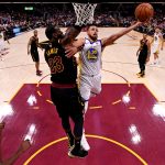 Jun 8, 2018; Cleveland, OH, USA; Golden State Warriors guard Stephen Curry (30) shoots the ball against Cleveland Cavaliers forward LeBron James (23) in game four of the 2018 NBA Finals at Quicken Loans Arena. Mandatory Credit: Gregory Shamus/pool photo-USA TODAY Sports